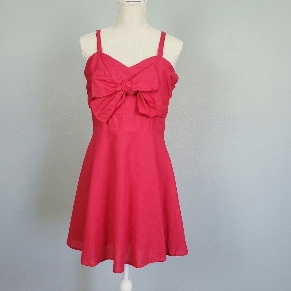 LOVERICHE Bow Accent Babydoll Dress Linen Blend Red Sz L Valentine's Day